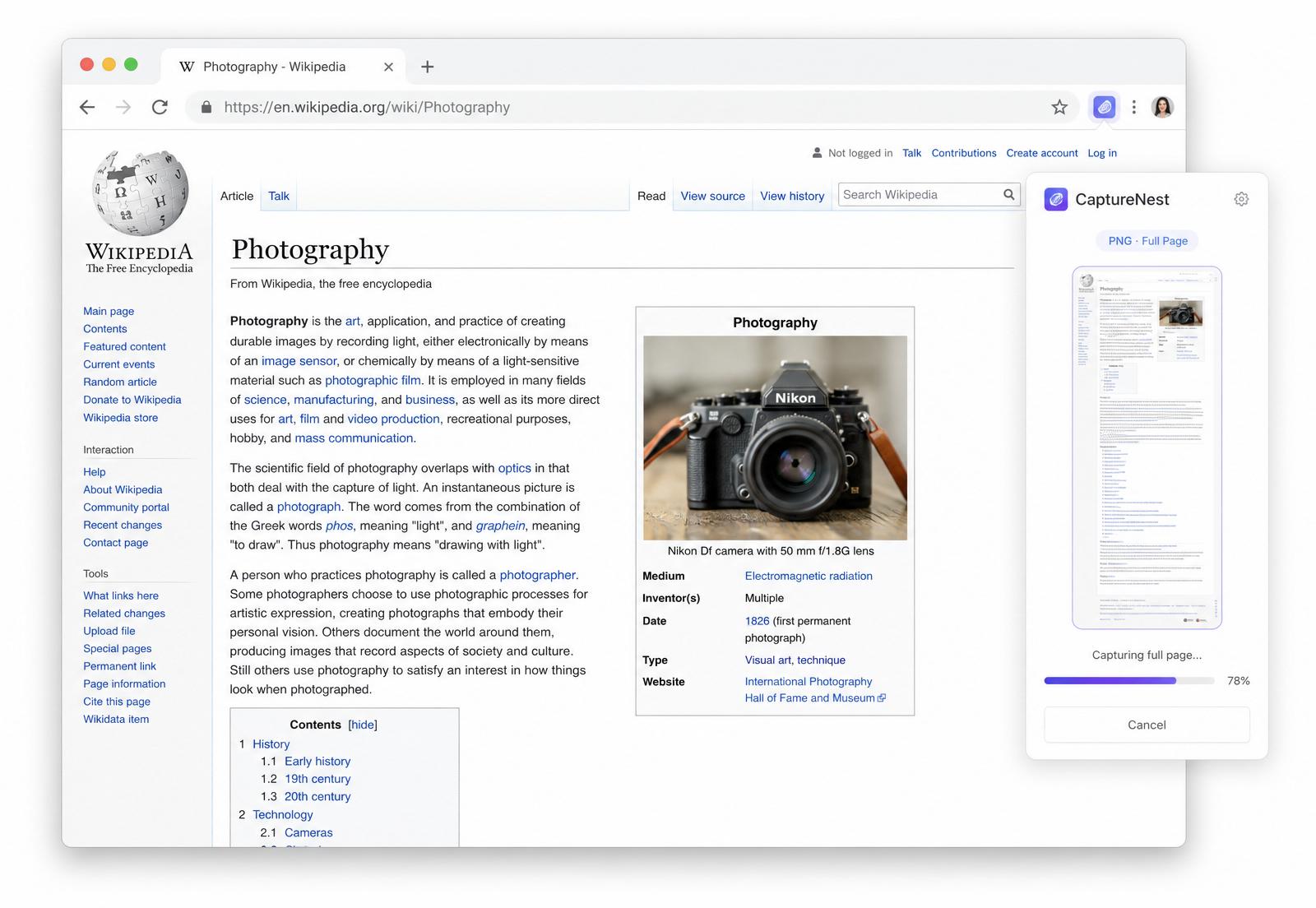 CaptureNest extension capturing a full webpage